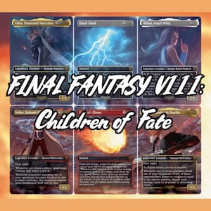 May include: Six Final Fantasy VII: Children of Fate trading cards. The cards feature characters like Edea, Rinoa, and Seifer. The cards have a variety of colors, including blue, red, and gold. The text "FINAL FANTASY VII" is displayed across the cards.