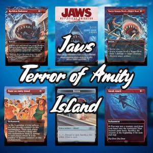 May include: A collection of six Magic: The Gathering cards with a Jaws theme. The cards feature shark illustrations and text like "Reckless Endeavor" and "Terror of Amity". The color scheme includes blues, reds, and whites.