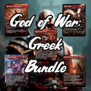 May include: A bundle of five trading cards with a "God of War" theme. The cards feature illustrations of characters and scenes from the game, with text overlays. The cards are in shades of red, brown, and white, with the words "God of War: Greek Bundle" in white.