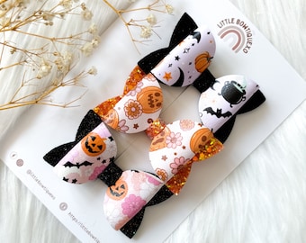 Pinza para el pelo de Halloween, calabaza con purpurina, murciélagos y caldero