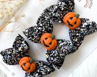 Lazo para el cabello, pinza de cocodrilo o diadema de calabaza con purpurina para Halloween
