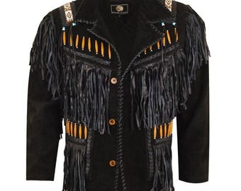 Giacca da uomo in pelle di vacchetta fatta a mano con frange: stile cowboy nativo americano