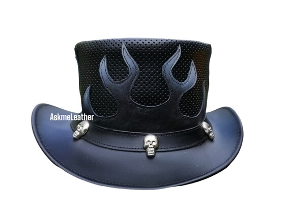 Leather Top Hat: Fire Style Skulls Band Steampunk Hat