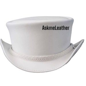 Leren cilinderhoed leren bandstijl - witte cilinderhoed handgemaakt van 100% rundleer biker cilinderhoed modehoed cadeau voor hem Nieuw met tags
