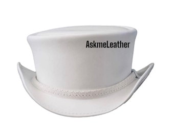 Leather Top Hat Leather Band Style - White Top Hat Handmade with 100% Cowhide Leather Biker Top Hat Fashion Hat Gift for him New with Tags