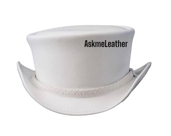 White Leather Top Hat: Handmade Cowhide Biker Fashion