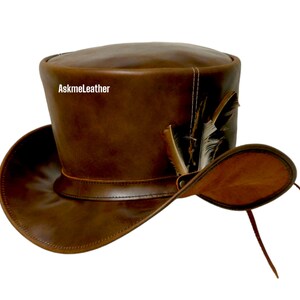 Leren cilinderhoed verenband stijl bruine cilinderhoed handgemaakt van 100% rundleer hoge hoed Cadeau voor hem Nieuw met tags