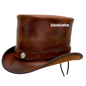 Leren cilinderhoed krokodillenleer bandstijl - rocker stijl bruine topper cilinderhoed handgemaakt van 100% rundleer Cadeau voor hem Nieuw met tags