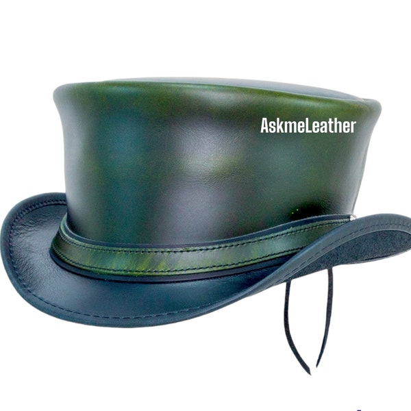 Leather Top Hat Mud Green Color Green Top Hat Handmade with 100% Cowhide Leather Gift for him New with Tags