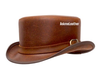 Brown Leather Top Hat: Buckle Band, Handmade Cowhide