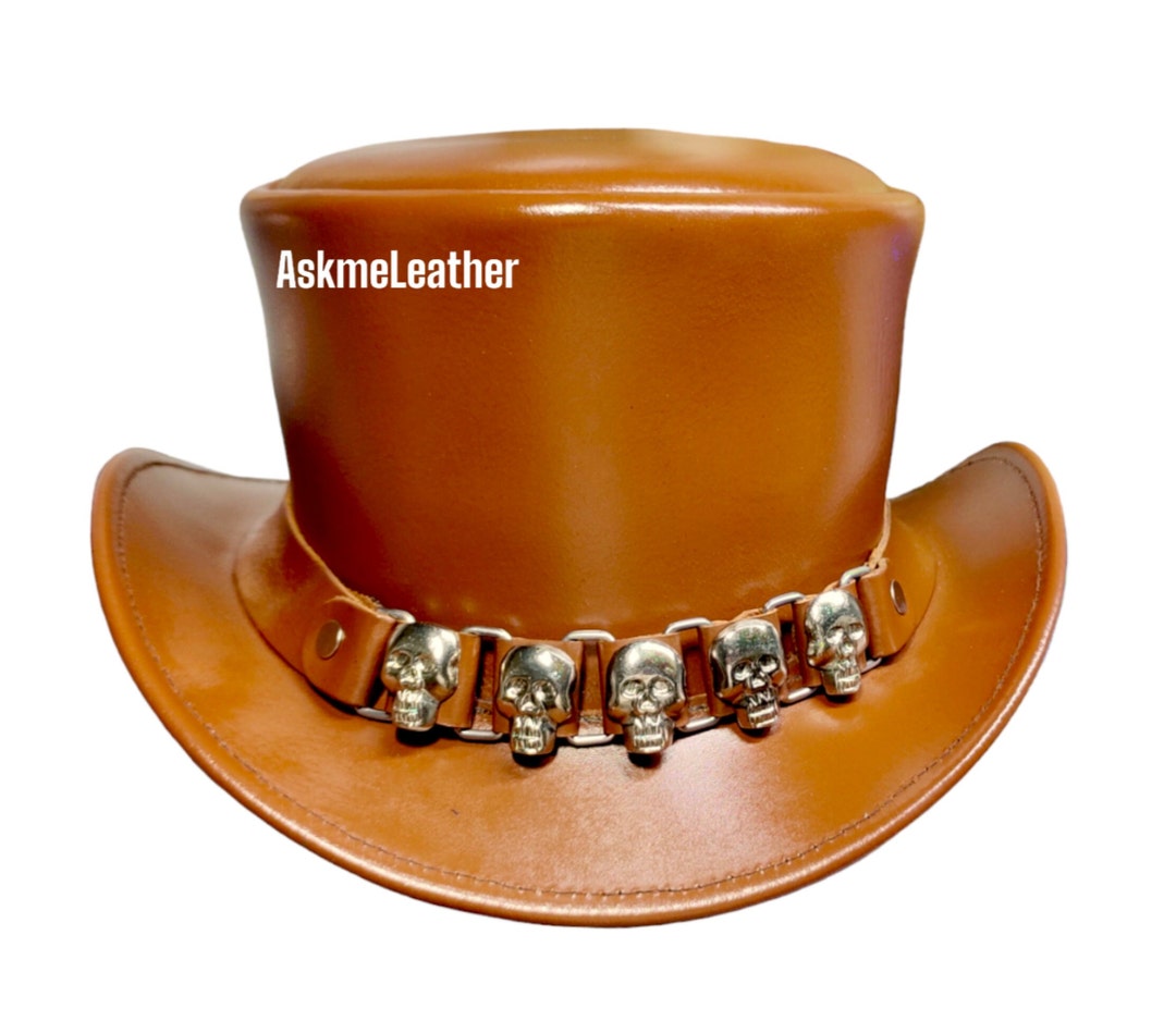 Leather Top Hat Skull Leather Band Style Tan Color Top Hat Handmade
