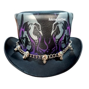 Leren cilinderhoed met schedelbrand gedrukte stijl met schedelketting leren band handgemaakt van 100% rundleer Cadeau voor hem Nieuw met tags