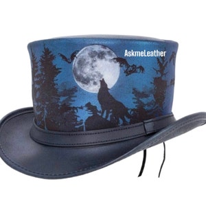 Leren cilinderhoed met maanlicht en wolf gedrukte stijl met leren band handgemaakt van 100% rundleer Cadeau voor hem Steampunkhoed nieuw met label
