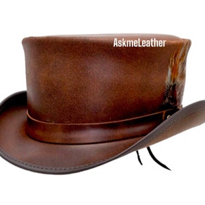 Leren cilinderhoed schedel veer bandstijl - bruine cilinderhoed handgemaakt van 100% rundleer Cadeau voor hem Eldorado hoge hoed Nieuw met tags