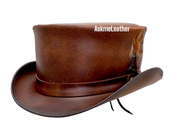 Leather Top Hat Skull Feather Band Style - Brown Top Hat Handmade with 100% Cowhide Leather Gift for him Eldorado Top Hat New with Tags