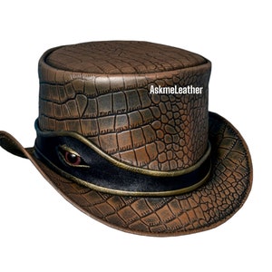 Steampunk hoge hoed leren hoed met krokodillenpatroon en oogband | Handgemaakt van 100% kwaliteitsleer | Nieuw met cadeaukaartjes