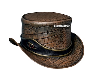 Crocodile Leather Steampunk Top Hat, Black Embossed Victorian Hat with Goggles, Cosplay Burning Man Festival Hat Mens Womens Unisex