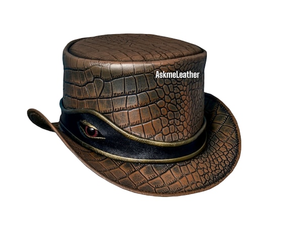 Handmade Leather Steampunk Top Hat: Crocodile Pattern with Eye Band