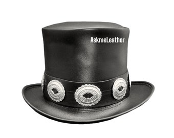 Leather Top Hat Conchos Band Style - Rocker Style Black Topper Top Hat Handmade with 100% Cowhide Leather  Gift for him New with Tags