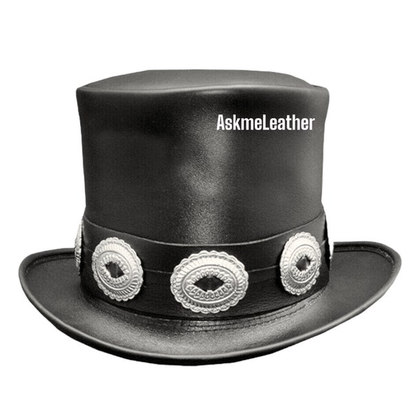Sombrero de copa de cuero estilo banda Conchos - Sombrero de copa negro estilo rockero hecho a mano con cuero de vaca 100% regalo para él nuevo con etiquetas