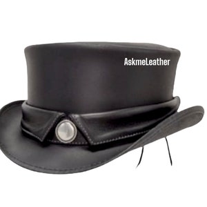 Lederen cilinderhoed kraag band stijl zwarte cilinderhoed steampunk hoed Eldorado cilinderhoed handgemaakt van 100% rundleer Cadeau voor hem Nieuw met tags