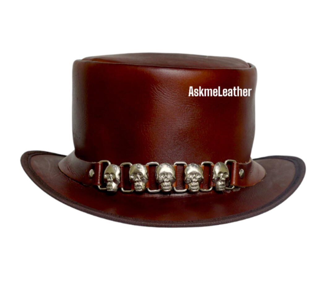 Leather Top Hat Skull Leather Band Style Brown Top Hat Etsy