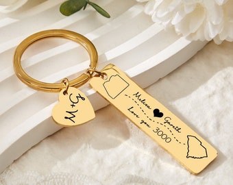 Customized Couple Keychain Personalized States Keychain Couple Gift Long Distance State Keychain Anniversary Gift For Him Boyfriend Dad Gift