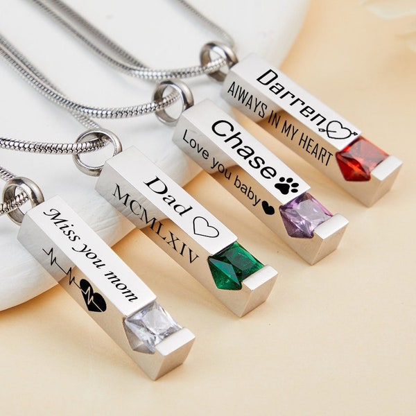 Personalized Ashes Necklace-Cremation Urn Necklace-Custom Bar Ashes Necklace-Engraved Birthstone Ashes Necklace-Human&Pets Ashes Jewelry