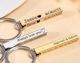 Personalized Bar Keychain,Custom Engraved Keyring for Him, Special Gift for Boyfriend 4 Sided Wedding Date Keychain For Husband Anniversary