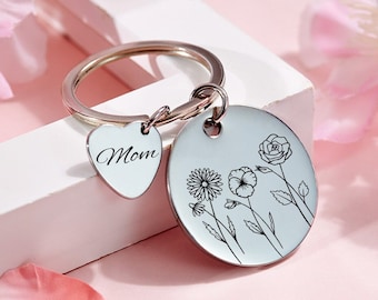Cadeau personnalisé pour elle Porte-clés fleur du mois Porte-clés personnalisé Porte-clés gravé avec nom Cadeau fête des Mères Cadeau d'anniversaire pour grand-mère