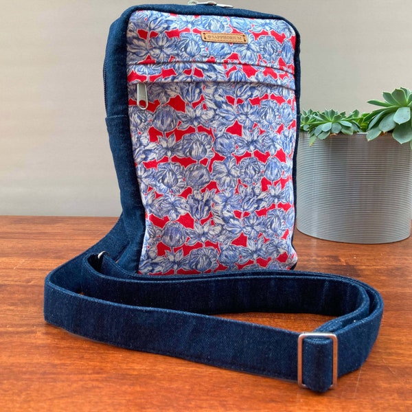 Sac bandoulière tulipe Matilda en denim et Liberty