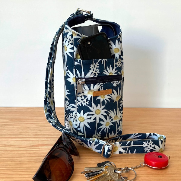 Blue Water Bottle Bag with Phone Holder - Adjustable Straps - Crossbody Bag - Jocelyn Proust White Flannel Flowers Print