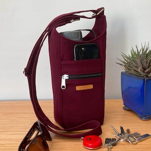 Sac en coton bordeaux pour bouteille d'eau avec support pour téléphone - Bretelles réglables - Sac à bandoulière