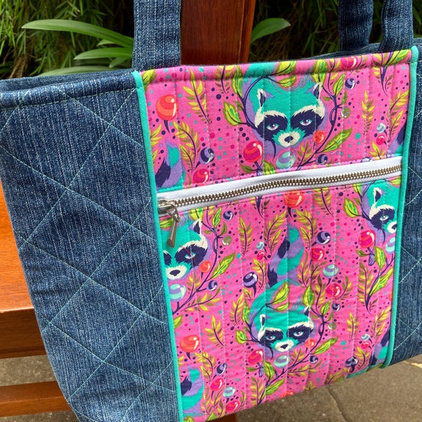 Recycled Denim Tote with Tula Pink All Stars Pink and Turquoise Raccoons