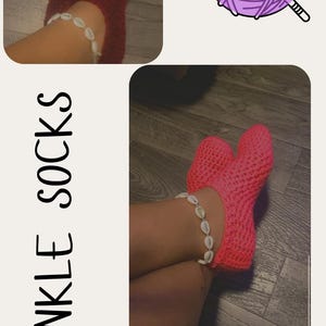 May include: Crochet pattern for ankle socks. The image shows two pairs of socks, one in burgundy and one in pink. The socks are made with a simple stitch and have a shell-like ankle bracelet.