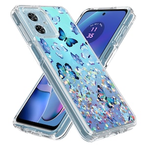 May include: A clear phone case with a blue and white butterfly design and glitter. The case is designed for a smartphone with a camera bump.