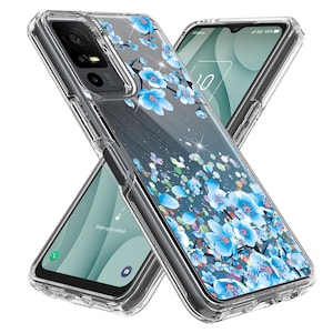 May include: Clear phone case with a floral design featuring blue flowers and sparkling accents. The case is shown on top of a phone with a screen displaying the time and a lock icon. The phone case is designed to protect the phone.