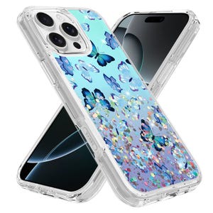 May include: Clear phone case with a blue and purple butterfly design. The case features a gradient background with glitter accents and multiple blue butterfly illustrations. The case is designed to protect the phone while adding a decorative touch.