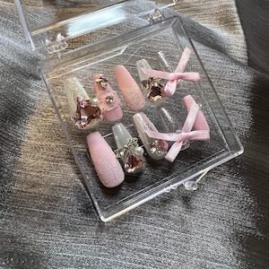 Pink Bow Nails | Heart Rhinestone Nails | Lace Nails | Press On Nails | Reusable Nails | Glitter Nails | Pearl Nails