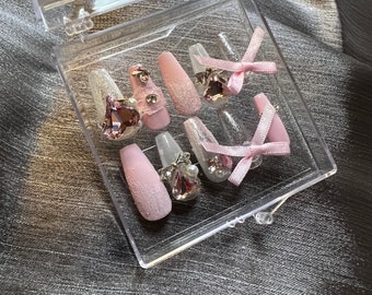 Pink Bow Press On Nails: Heart Rhinestone, Lace, Glitter, Pearl