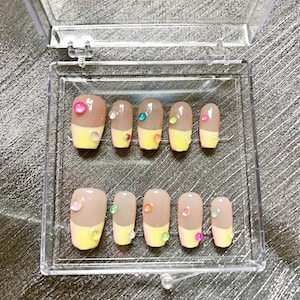 Yellow French Tip Nails | Rainbow Bubbles Cute Nails | Glue nails | Press On Nails
