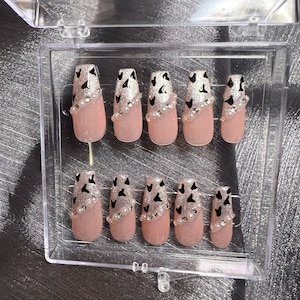 Leopard Print French Tip Nails | Rhinestone Nails | Translucent Nails | Press On Nails | Reusable Nails | Glitter Nails