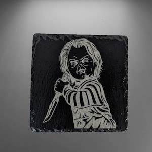 Chucky posavasos de pizarra grabado con láser, Chucky, grabado con láser, grabado con láser, grabado, grabado, horror, regalo para él, regalo para ella, fiesta
