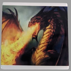 Dragon with flames drink coaster, coaster, dragons, gifts for him, gifts for her, holiday gifts, Christmas gifts, drinkware, barware, coffee