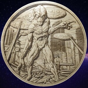 alien laser engraved, wood art, alien invasion, mythical creature, alien abduction