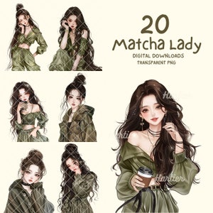 Roupa casual verde aconchegante, linda moça de Matcha, adesivo para impressão, clipart digital, diário, scrapbooking, artes e ofícios