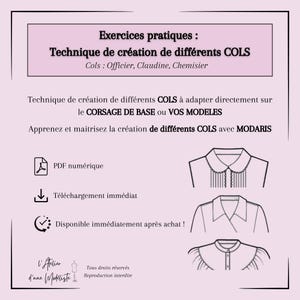 Peut inclure: Visuel rose clair avec du texte en français : « Exercices pratiques » et « Technique de création de différents COLS ». Illustrations de cols de chemise et icônes de téléchargement PDF et disponibilité immédiate.