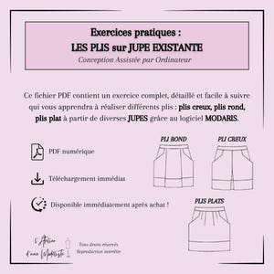 以下が含まれることがあります： 「Exercices pratiques : LES PLIS sur JUPE EXISTANTE」というタイトルのピンク色のPDFドキュメントの表紙。スカートにプリーツを作る方法を教えています。丸、折り目、平らなど、さまざまなプリーツスタイルの図が含まれています。