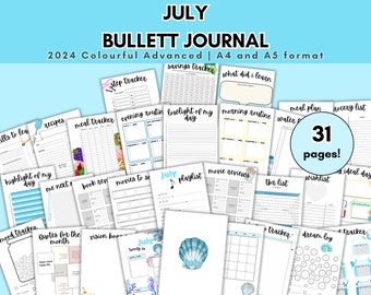 2024 July planner | July template | bullett journal | pdf | digital | colourful | monthly tracker | printable | Notebook | Organised
