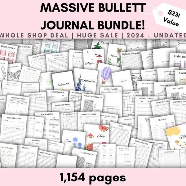 Bundle Bullett Journal avancé imprimable|Traqueurs d'humeur|Traqueurs d'habitudes|Durable|Traqueurs imprimables|pdf|Agenda numérique|Année complète